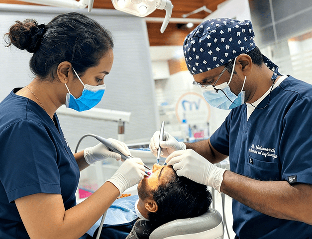 Dr. Mahantesha S consulting with a patient at Perfect Dental Studio Bangalore